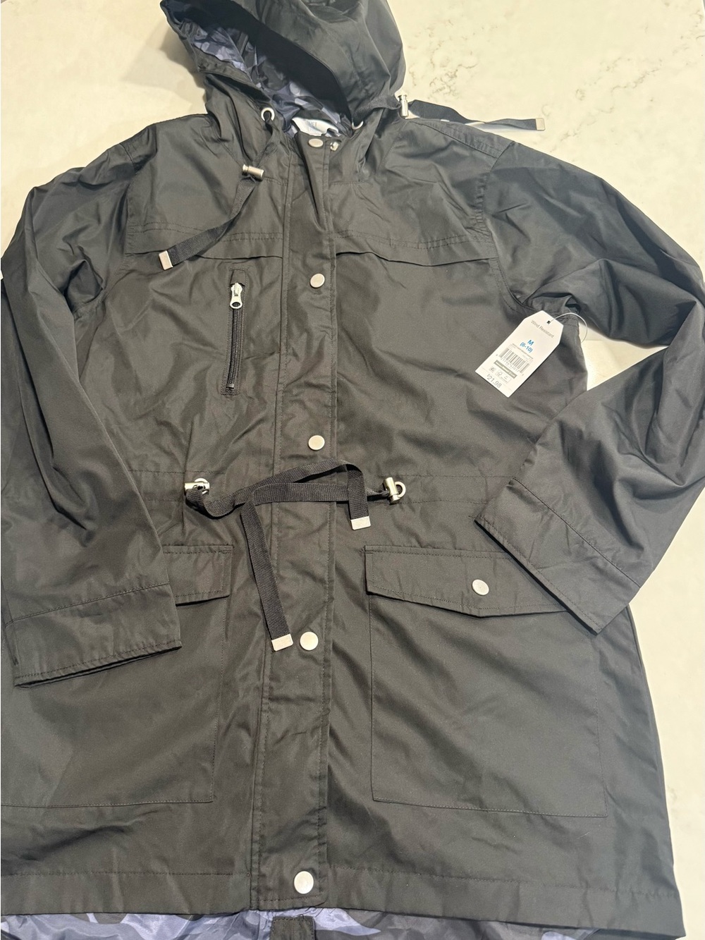 Time and Tru Black Hooded Drawstring Anorak Trench Coat